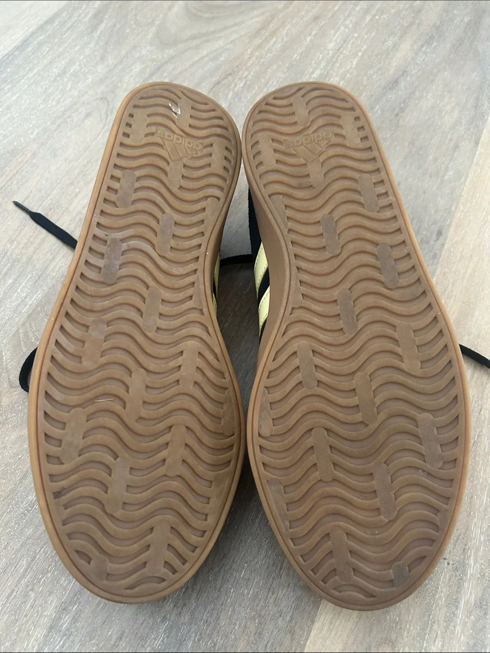 adidas Black Suede Sneakers with Yellow Stripes and Gum Sole